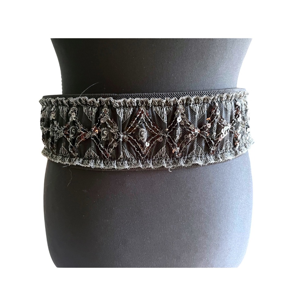 Black Sequin Beaded Wide Elastic‎ Cinch Belt Silver Buckle L XL 16918